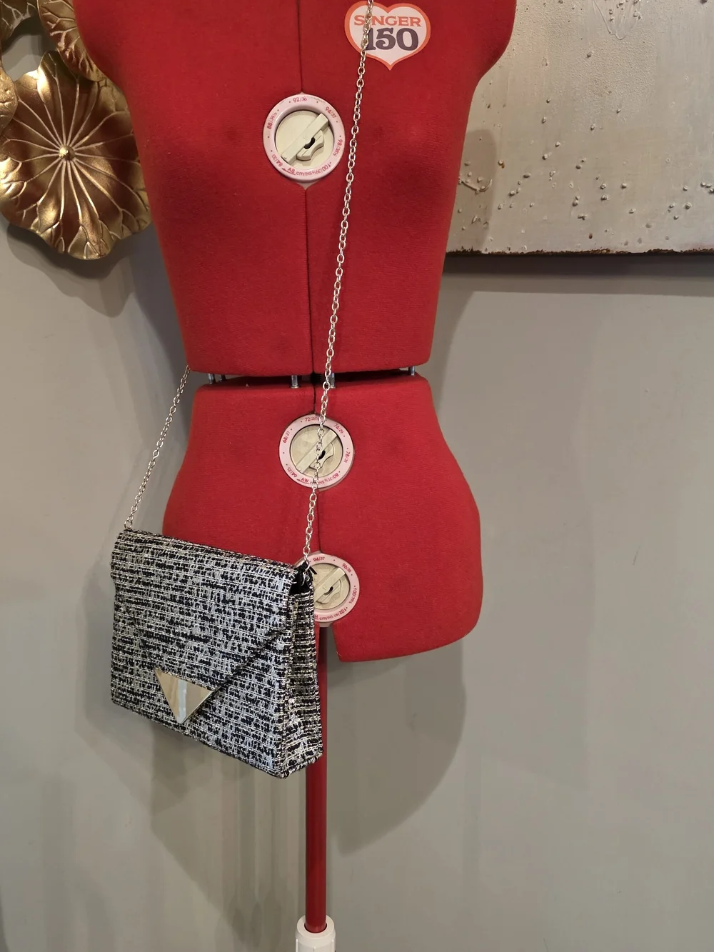 Chic Black & White Tweed Crossbody Bag with Gold Chain
